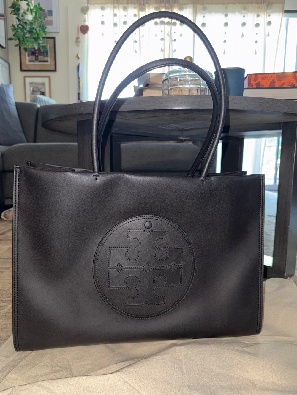 Tory Burch Black Leather Ella Tote Bag with Embossed Round Logo